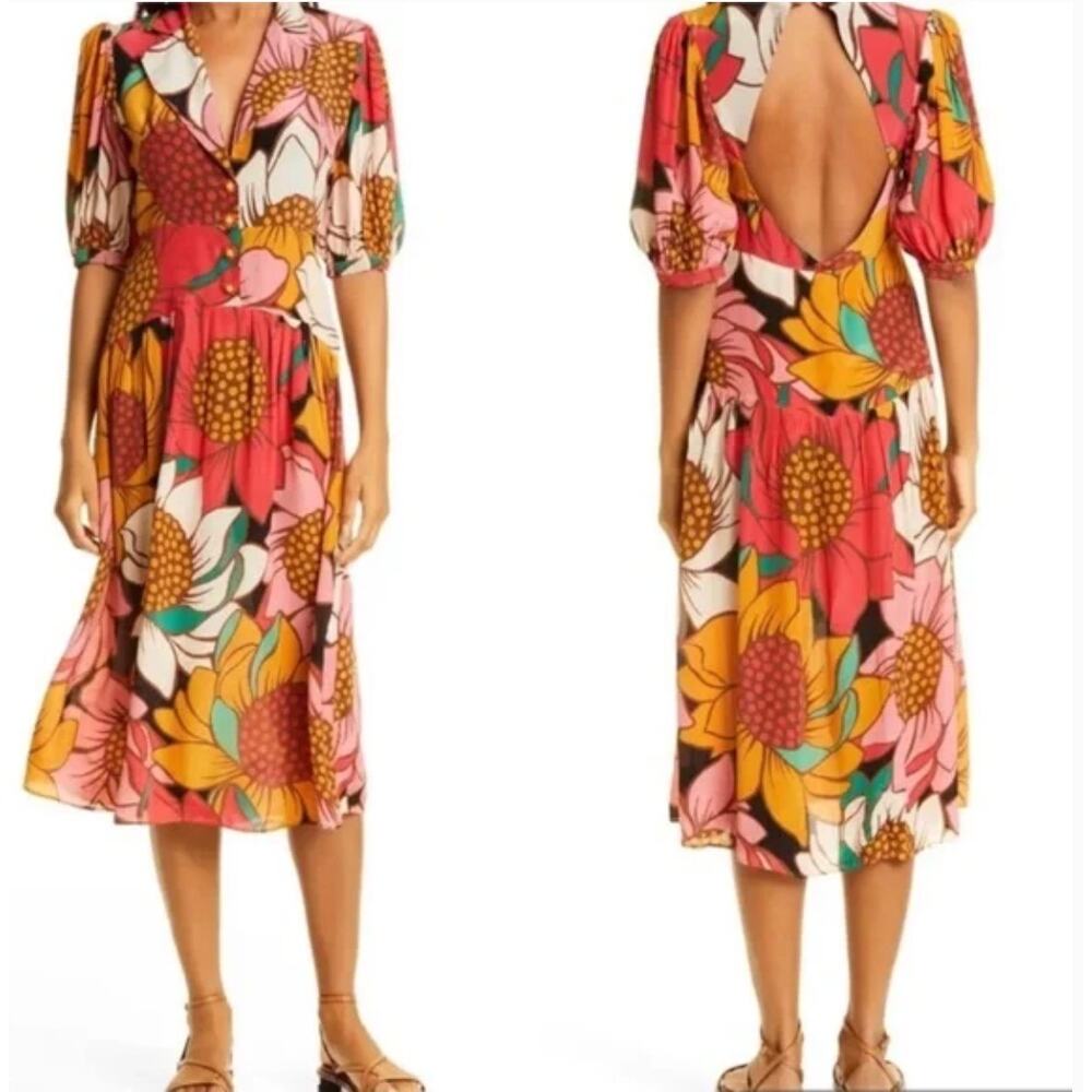 FARM RIO Colorful Sunflowers Open Back Dress-XS